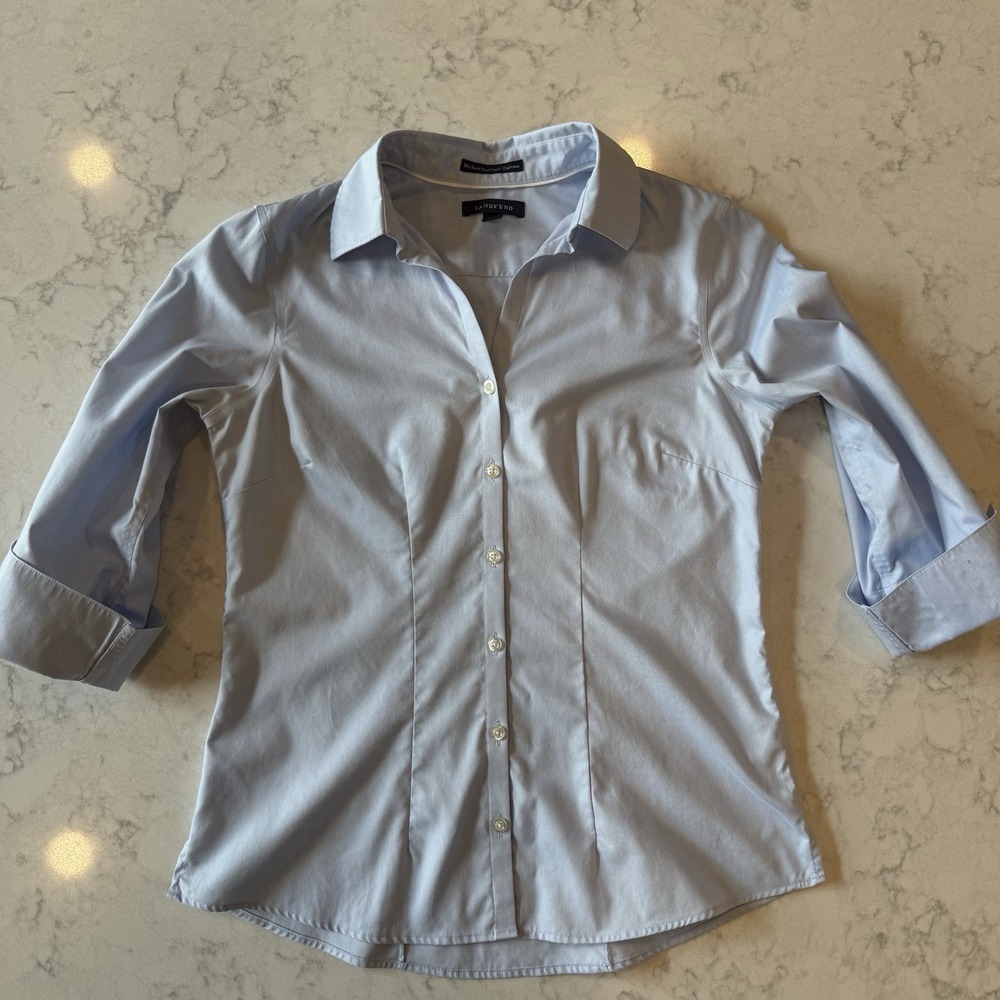 Lands End Light Blue No Iron Pinpoint Oxford Women's 2 Long Sleeve Button UP
